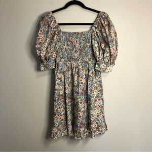 Kourt Portia Blue Floral Square Neck Smocked Dress Small